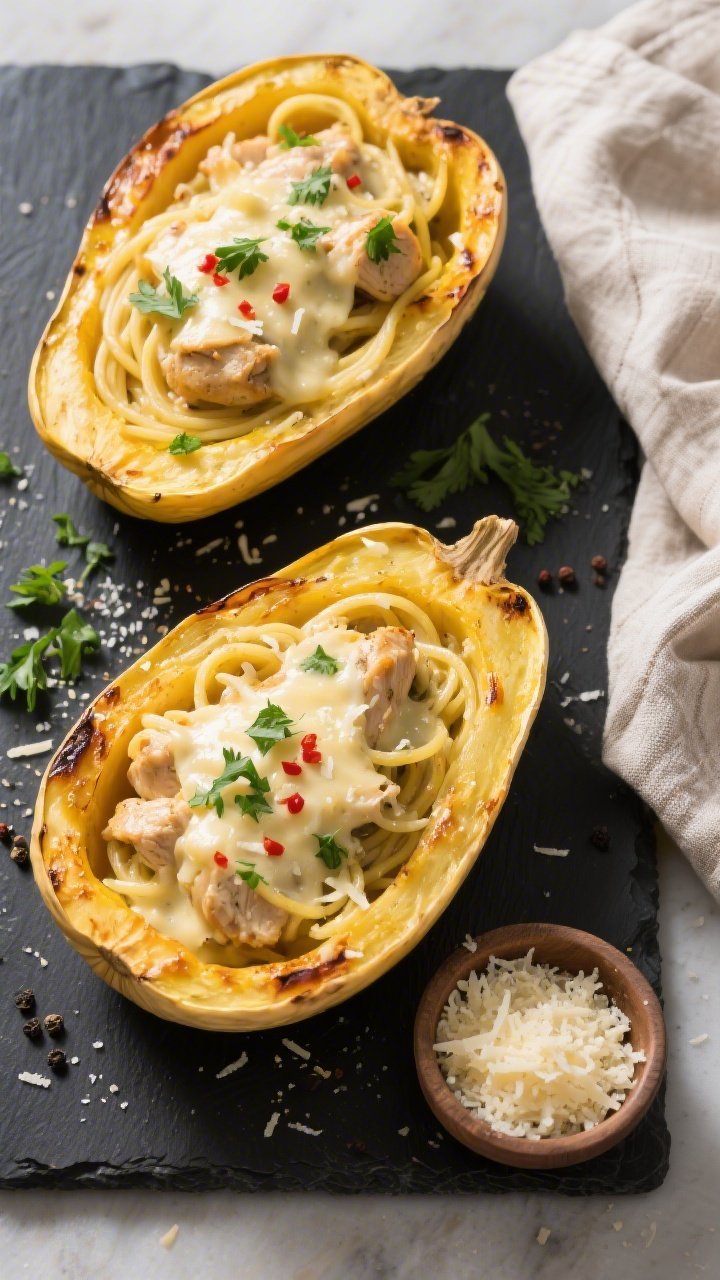 Final dish presentation: Overhead shot of two roasted spaghetti squash boats stuffed with keto chick