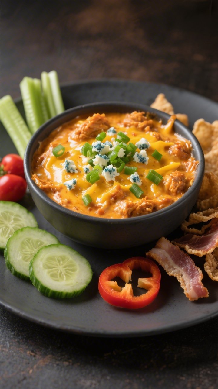 Final dish presentation: Restaurant-quality bowl of finished buffalo chicken dip ladled from the slo