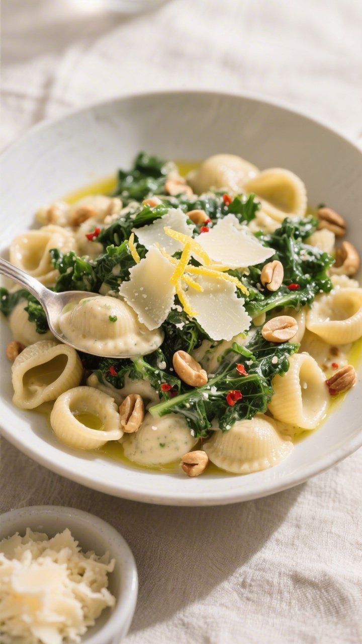Final dish presentation: Restaurant-quality bowl of Creamy Tuscan Garlic Kale spooned over al dente 
