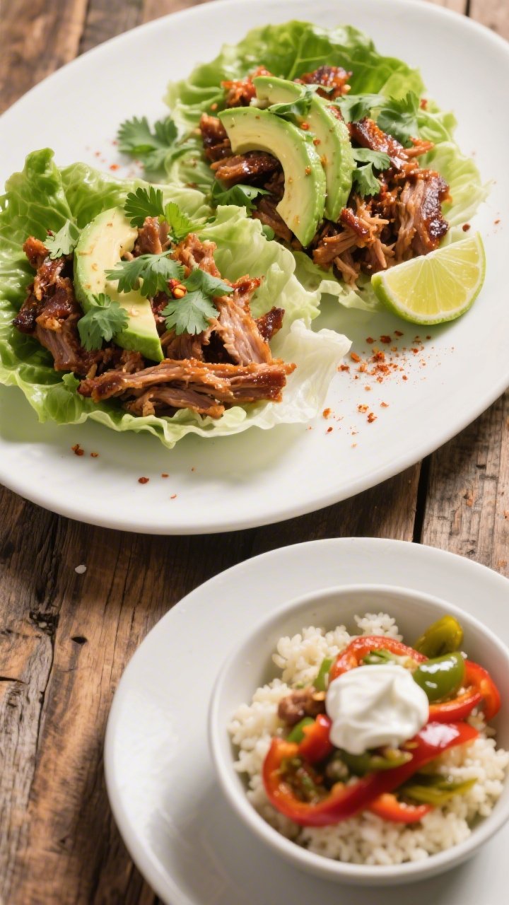 Final dish presentation: Restaurant-quality lettuce wrap platter with keto pulled pork piled high, t