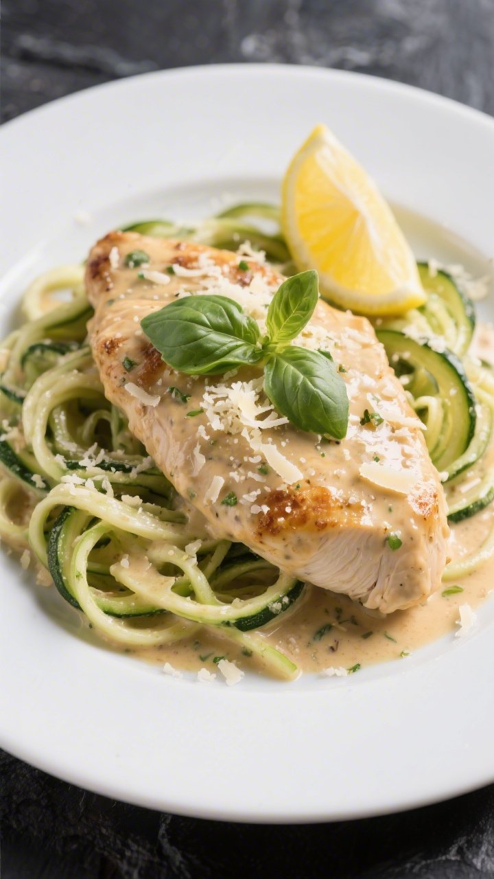 Final dish presentation: Restaurant-quality plate of Keto Creamy Tuscan Chicken served over twirled