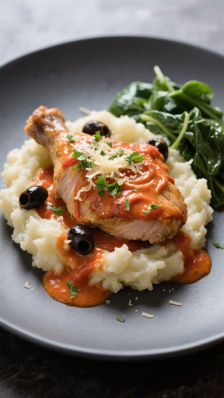 Final dish presentation: Restaurant-quality plate of thick-sliced Italian chicken thighs set over bu