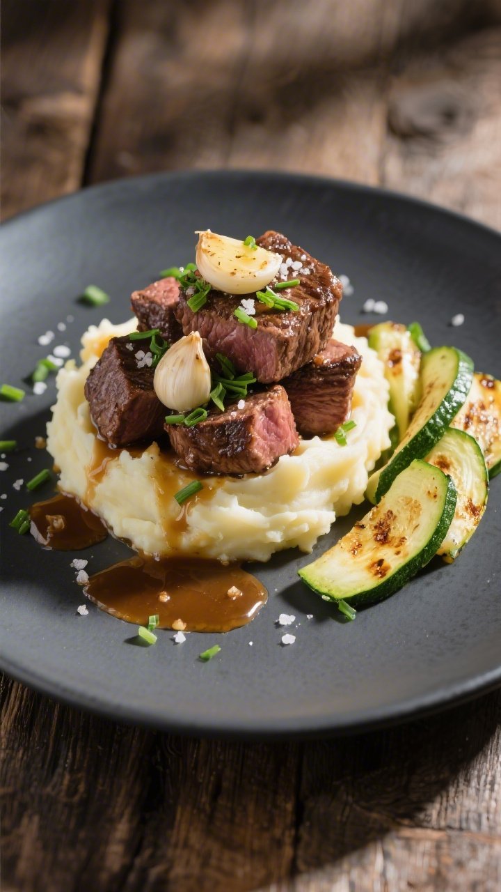 Final dish presentation: Restaurant-quality plate of garlic butter steak bites piled over creamy mas