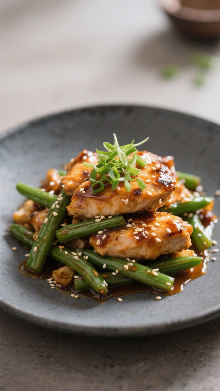 Final dish presentation: Restaurant-quality plate of Honey Garlic Chicken & Green Beans (no rice) ar