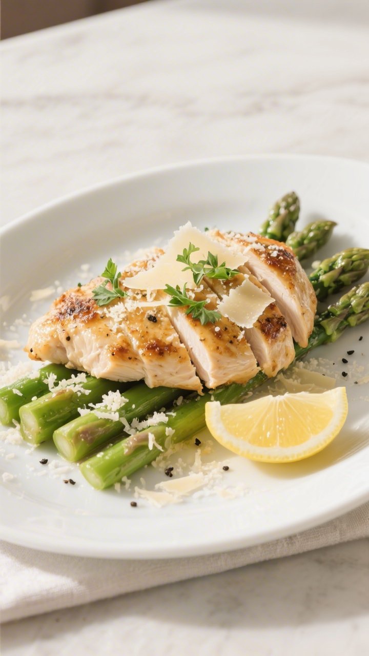 Final dish presentation: Restaurant-quality plate of Garlic Parmesan Chicken & Asparagus, neatly lay