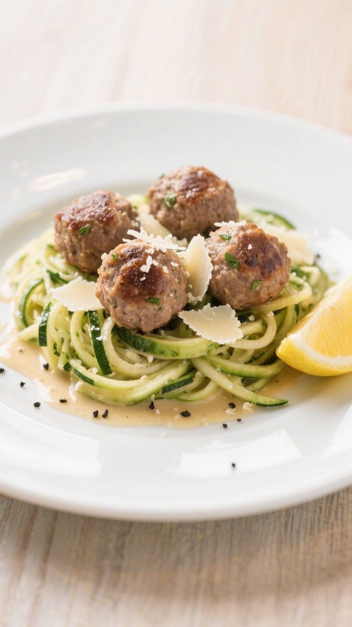 Final dish presentation: Restaurant-quality plate of Garlic Herb Turkey Meatballs & Zoodles twirled 
