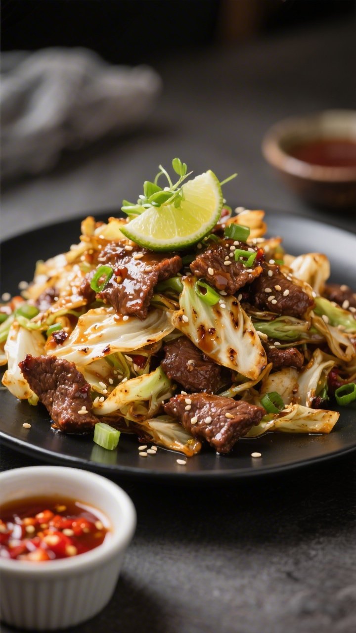 Final dish presentation, restaurant-quality plate: Standalone Spicy Beef & Cabbage Stir Fry piled hi