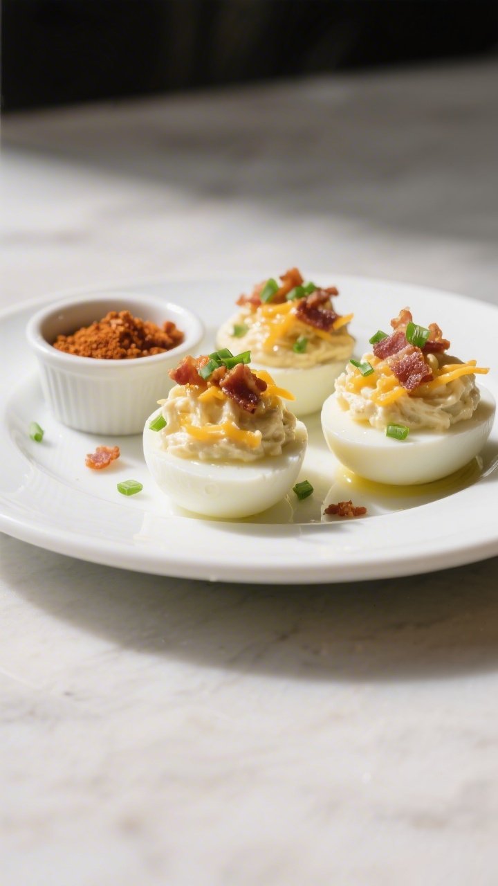 Final dish presentation: Restaurant-quality plate of Keto Loaded Deviled Eggs on a white rimmed plat