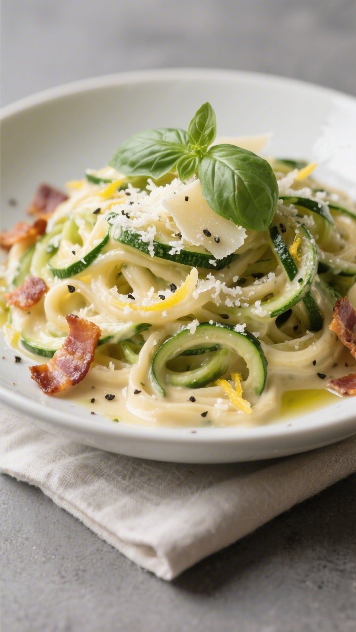 Final dish presentation: Restaurant-quality plate of Keto Zucchini Alfredo Skillet, piled high in a