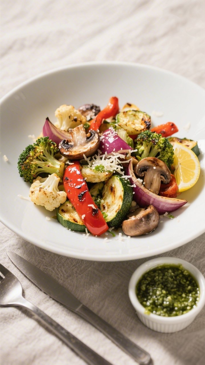 Final dish presentation: Restaurant-quality plated Keto Roasted Veggie Medley in a wide, shallow whi