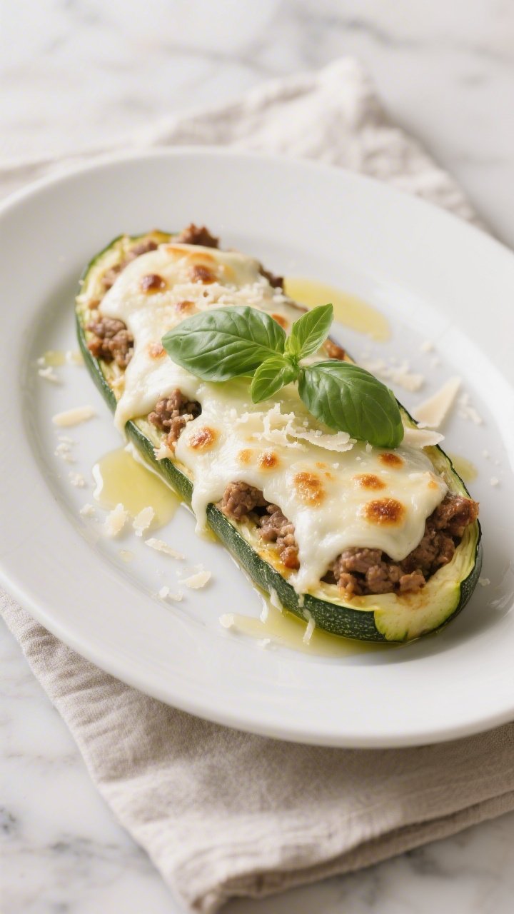 Final dish presentation: Restaurant-quality plated keto stuffed zucchini boats on a matte white oval