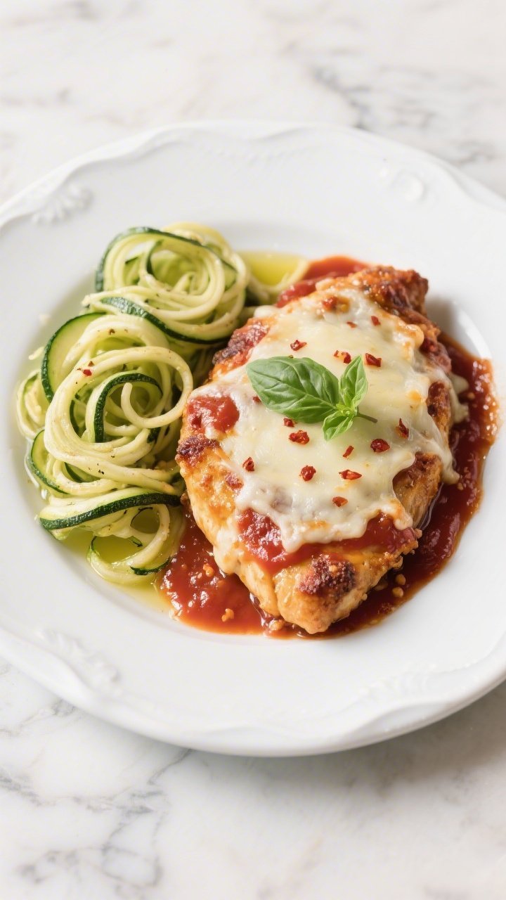 Final dish presentation: Restaurant-quality plated Keto Chicken Parmesan—cheese melted and lightly