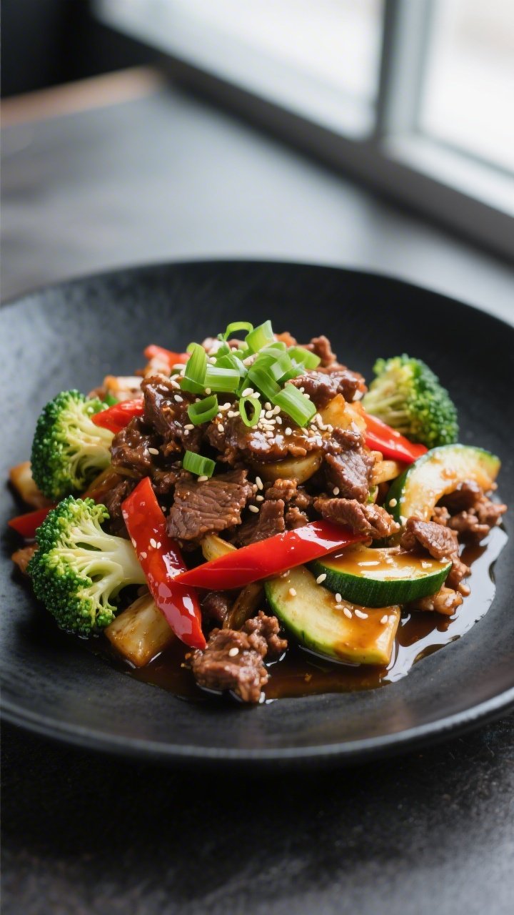 Final dish presentation: Restaurant-quality plated stir fry without rice, mounded high on a black ce