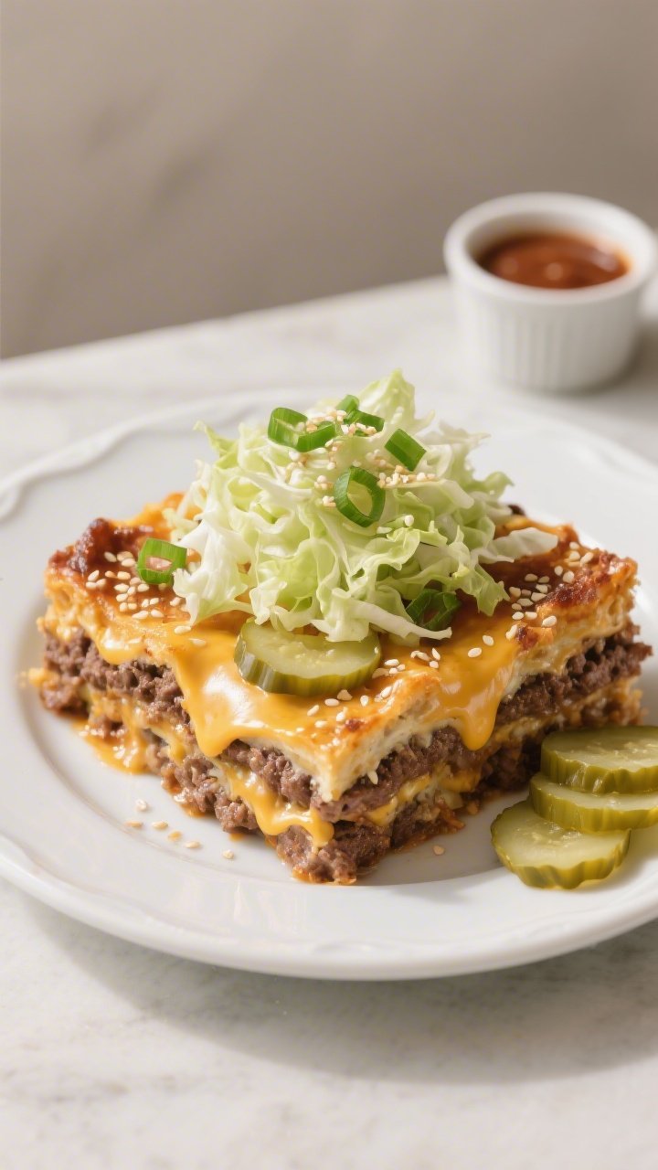 Final dish presentation: Restaurant-quality plated square of Keto Big Mac Casserole on a white rimme