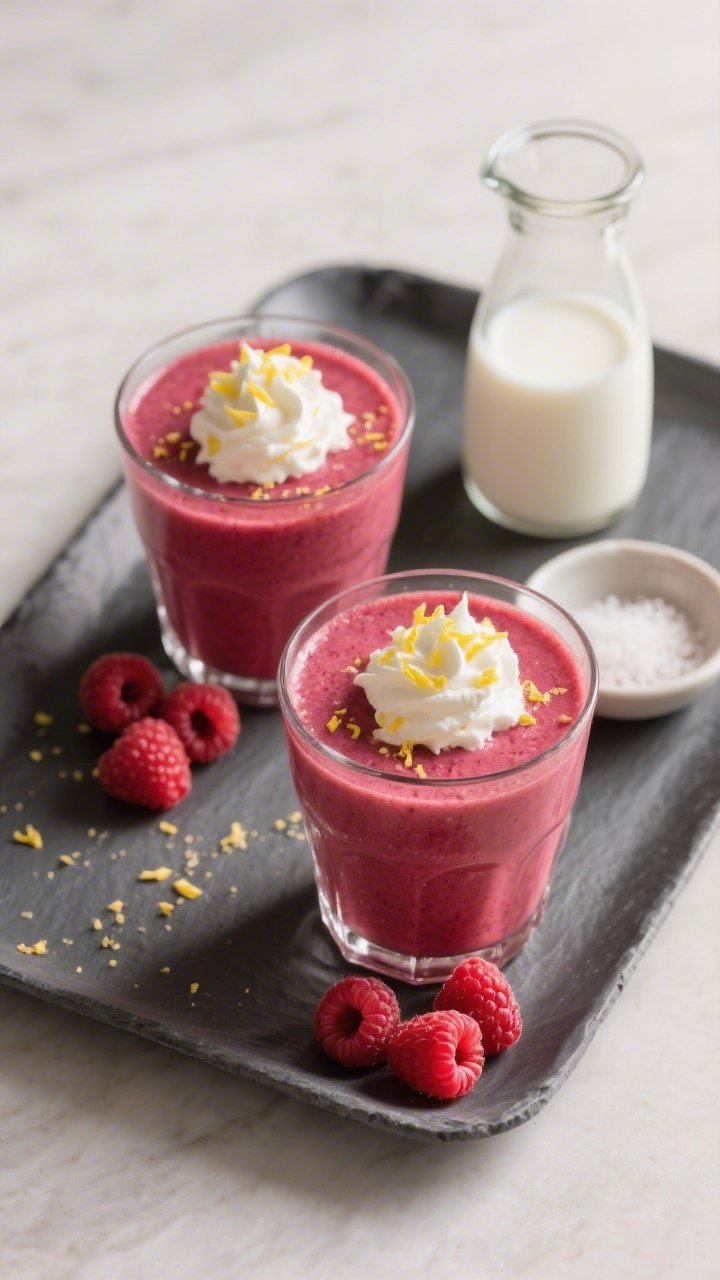 Final dish presentation: Restaurant-quality plated scene with two filled glasses of keto raspberry s