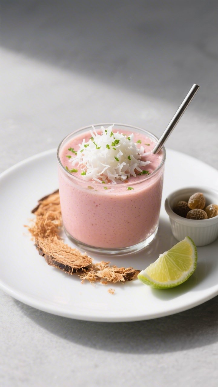 Final dish presentation: Restaurant-quality plated smoothie glass on a matte white plate with a neat