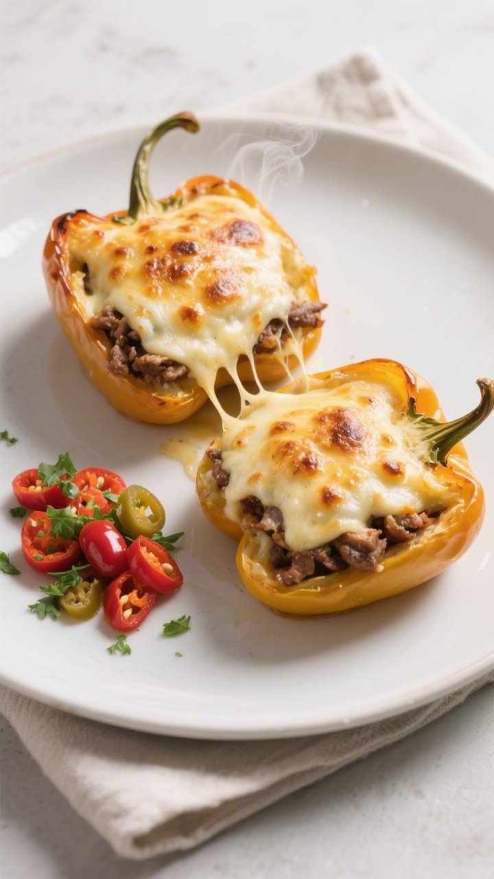 Final dish presentation: Restaurant-quality plated Philly Cheesesteak Stuffed Peppers fresh from the