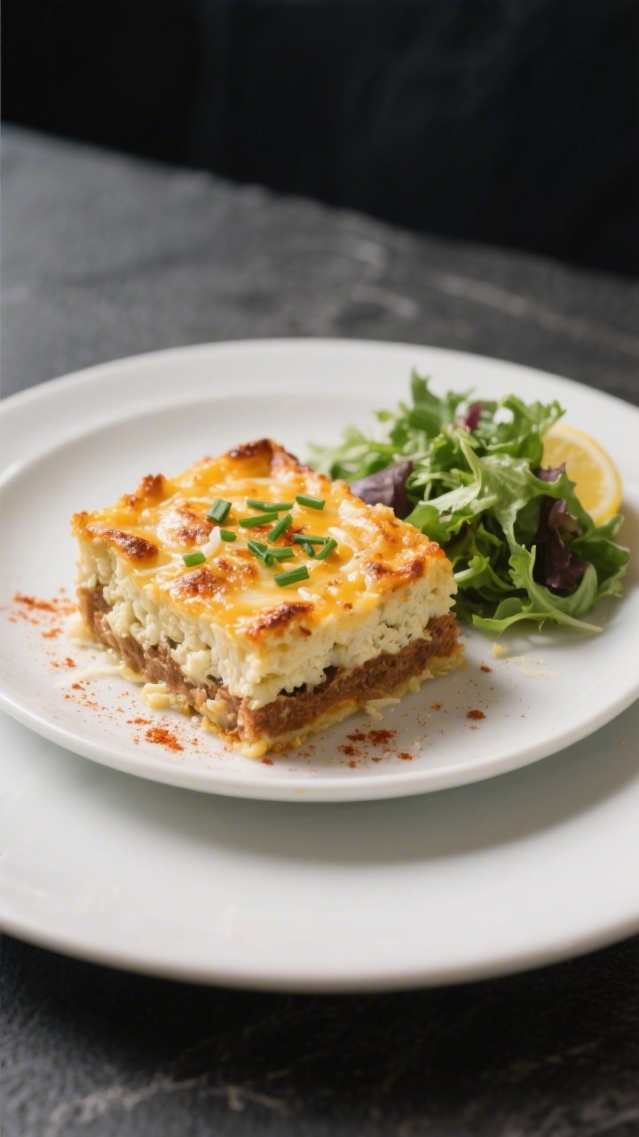 Final dish presentation: Restaurant-quality plated serving of Keto Cheesy Cauliflower Bake on a matt