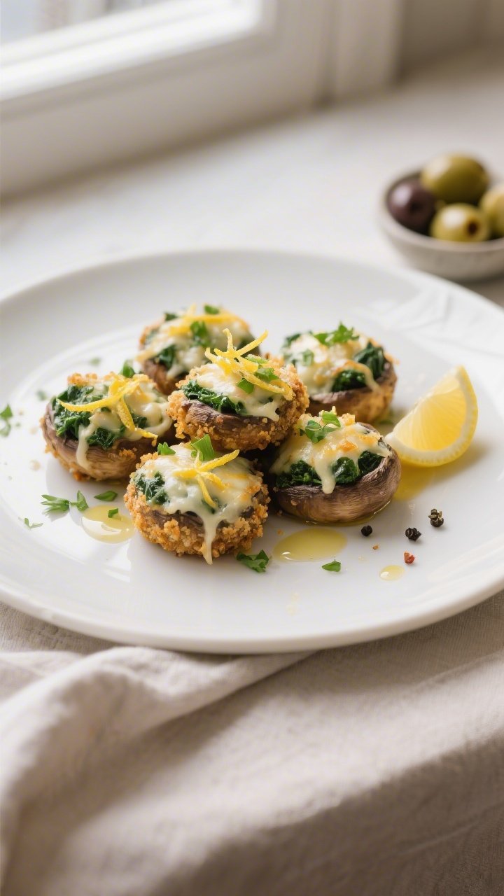 Final dish presentation: Restaurant-quality plating of Cheesy Spinach Stuffed Mushrooms on a matte w
