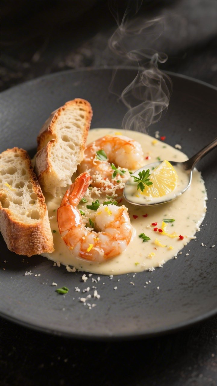 Final dish presentation: Restaurant-quality plating of Creamy Garlic Parmesan Shrimp served with toa