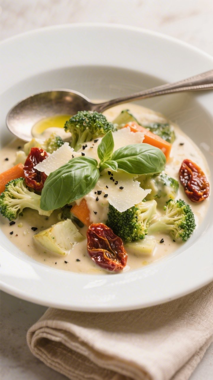 Final dish presentation: Restaurant-quality plating of Keto Creamy Tuscan Vegetables in a shallow wh