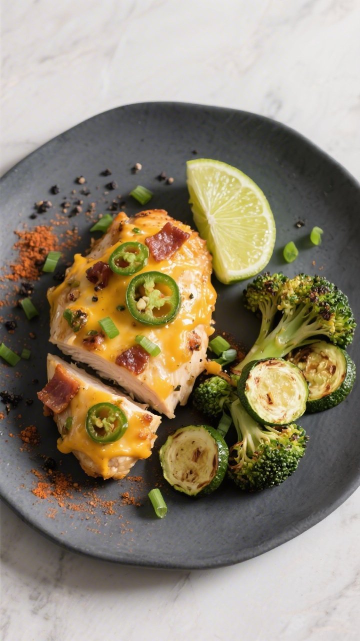 Final dish presentation: Restaurant-quality plating of Keto Jalapeño Popper Chicken on a matte char