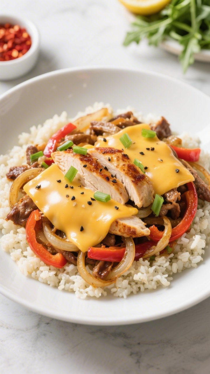 Final dish presentation: Restaurant-quality plating of keto chicken Philly cheesesteak served in a w