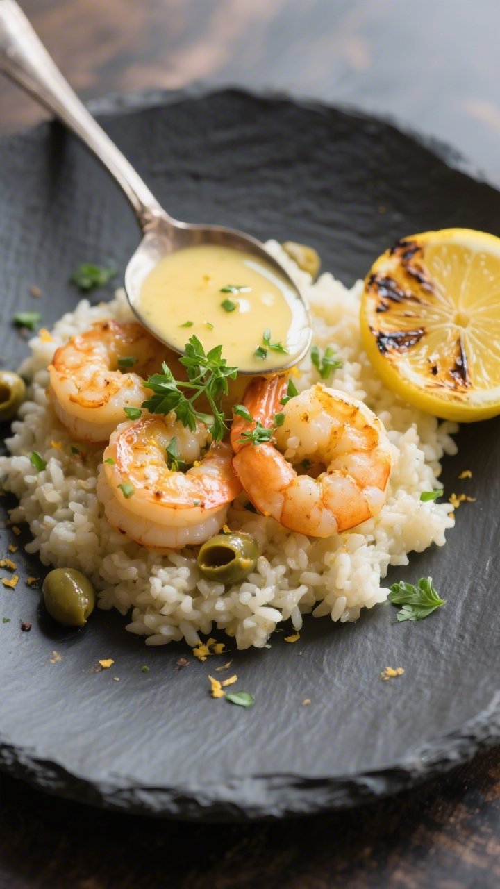 Final dish presentation: Restaurant-quality plating of lemon butter shrimp on cauliflower rice, sauc
