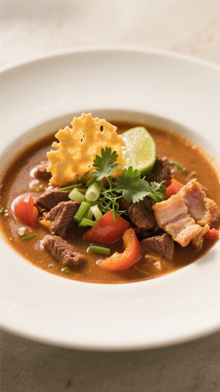 Final dish presentation: Restaurant-quality plating of the soup in a wide, white shallow bowl, thick