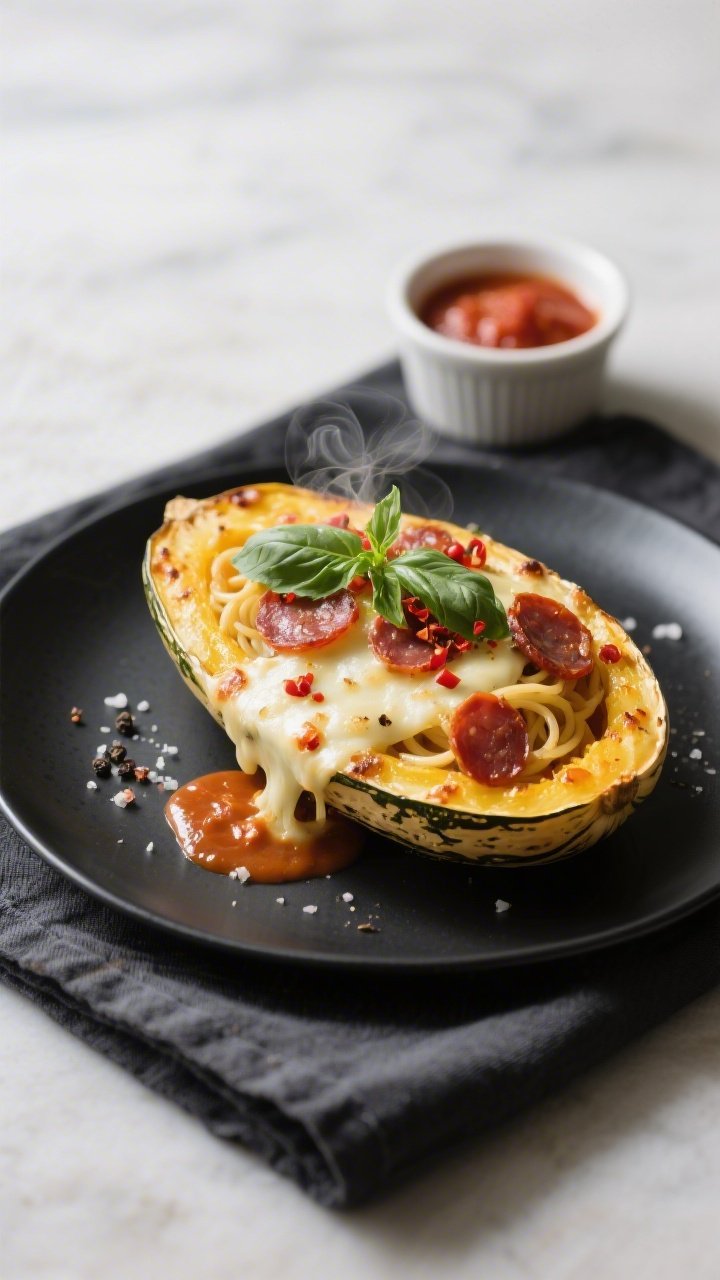 Final dish presentation: Restaurant-quality plating of a single stuffed spaghetti squash half on a m
