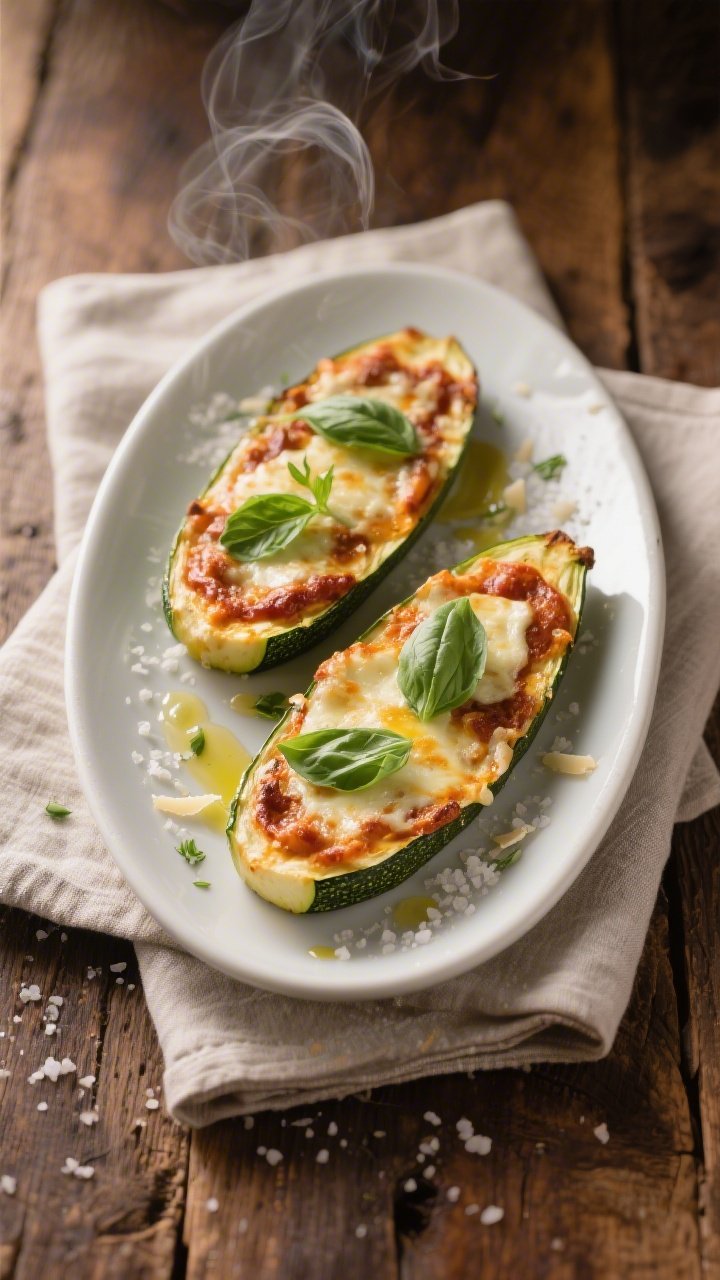 Final dish presentation: Restaurant-quality plating of two zucchini pizza boats (Margherita style) o