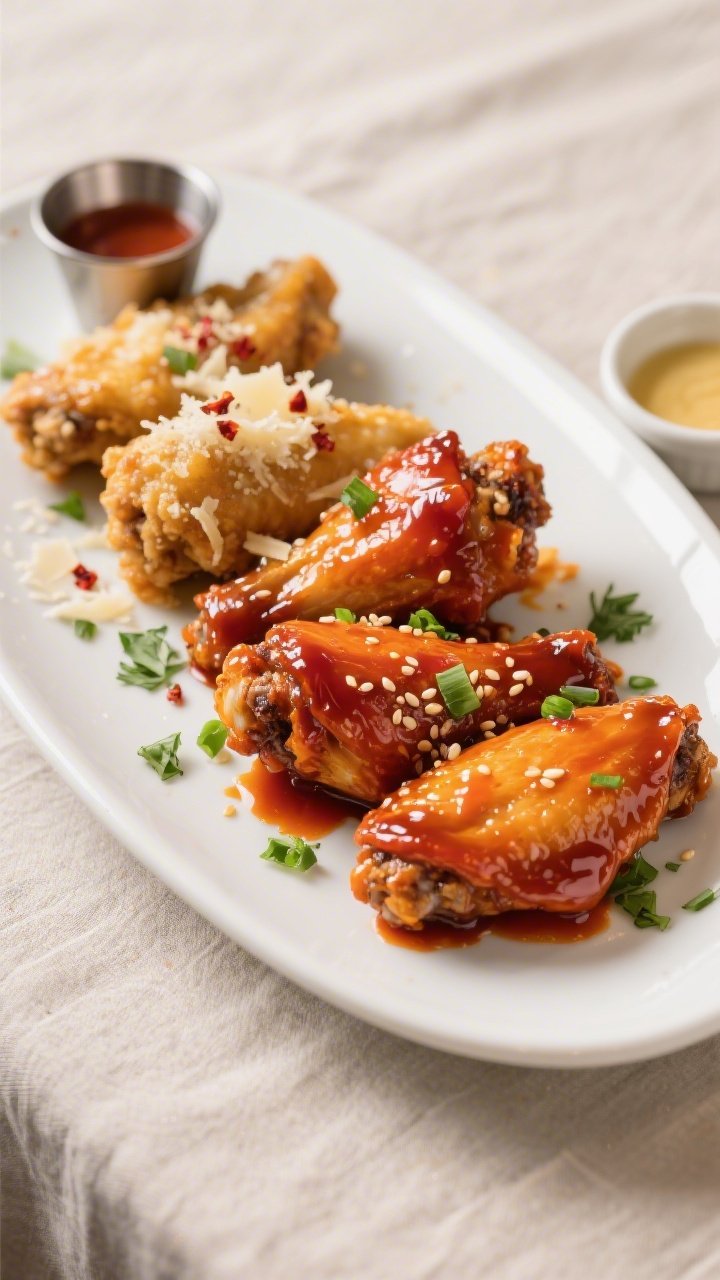 Final dish presentation: Restaurant-quality platter of sauced wings three ways—Buffalo (glossy ora