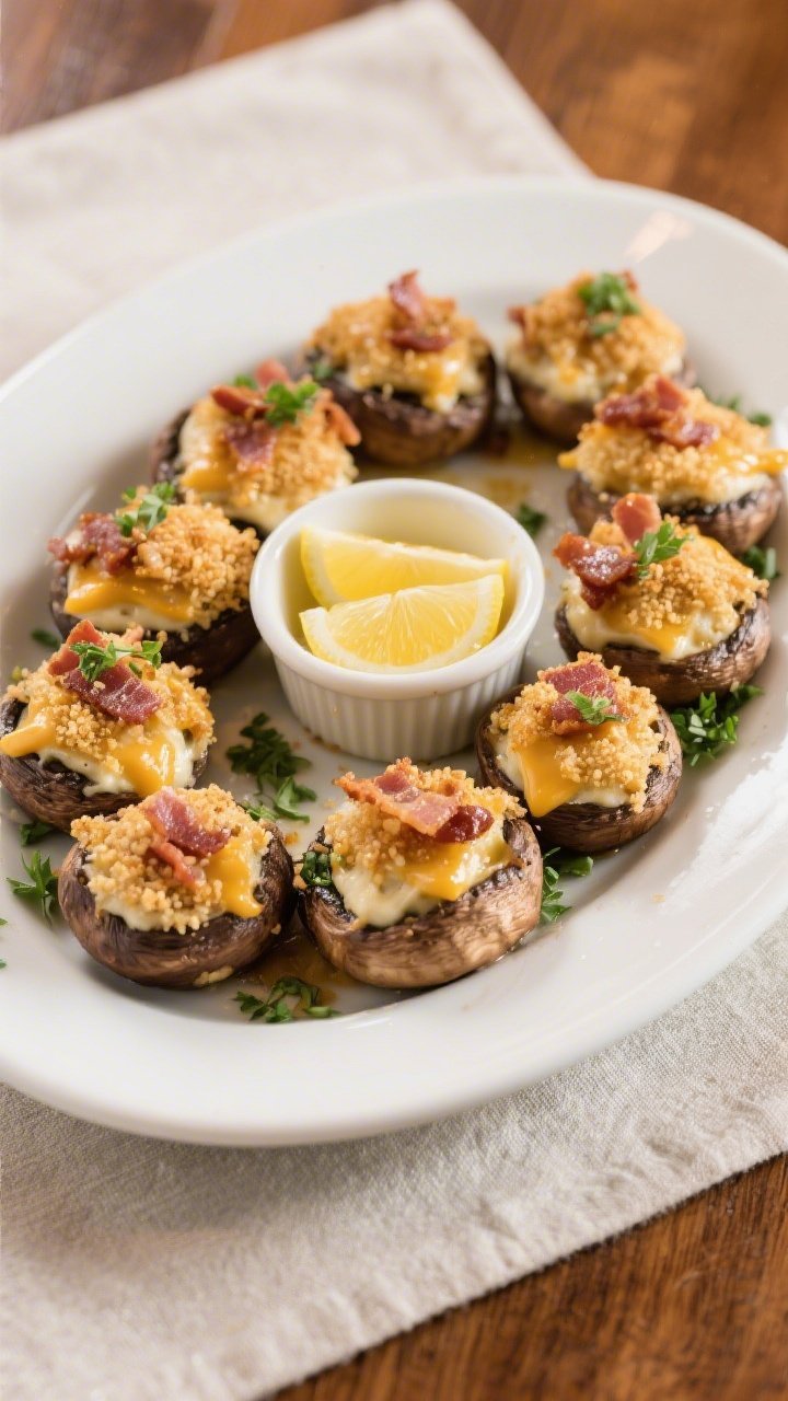Final dish presentation: Restaurant-quality platter of Bacon Cheddar Stuffed Mushrooms arranged in a