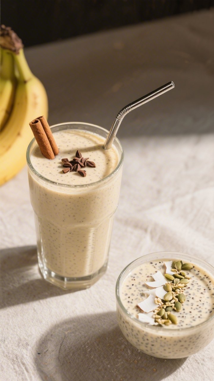 Final dish presentation: Restaurant-quality scene of a thick keto banana flavor smoothie served milk