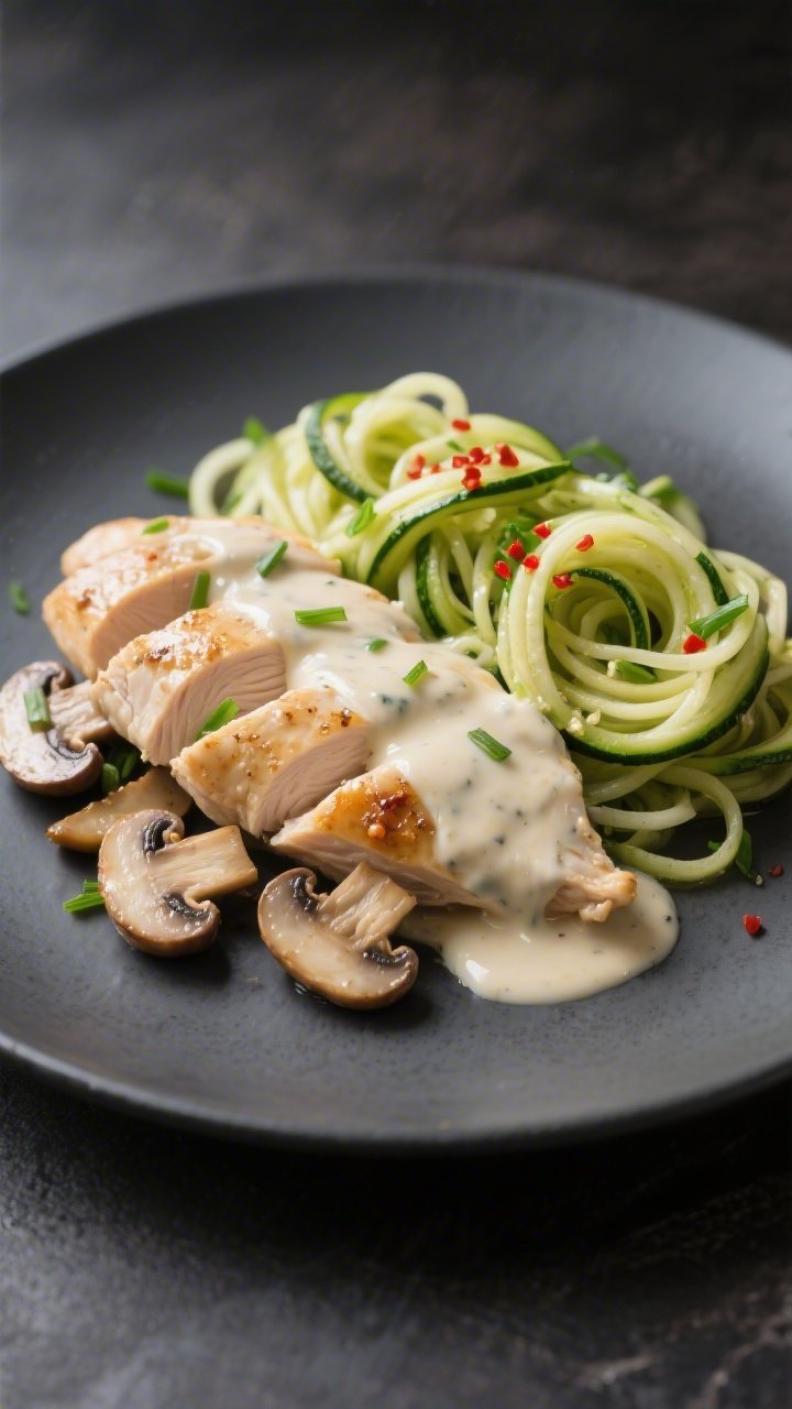 Final dish presentation: Sliced chicken breasts napped with silky garlic-cream sauce and sautéed mu