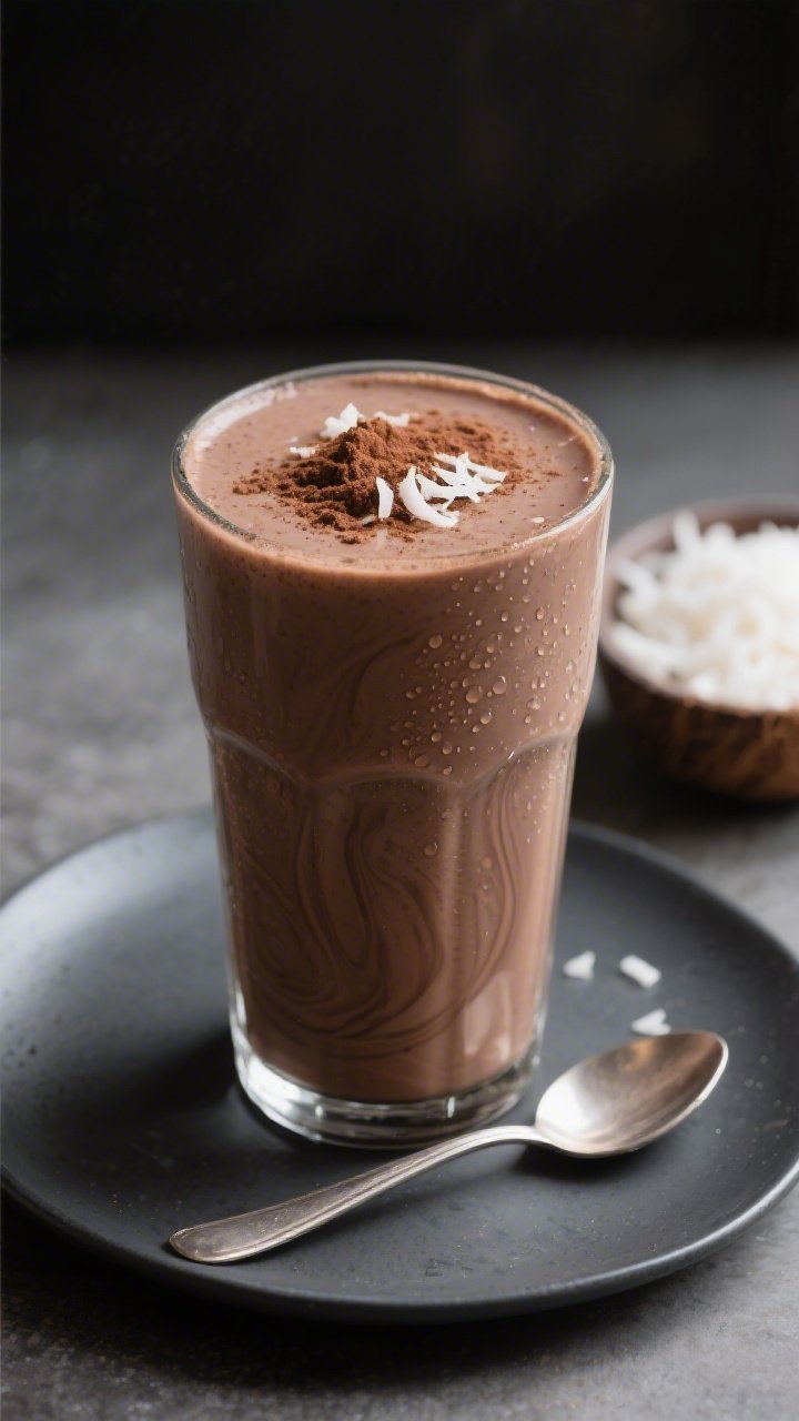 Final dish presentation: Tall, chilled glass of Keto Chocolate Coconut Smoothie poured to the brim w