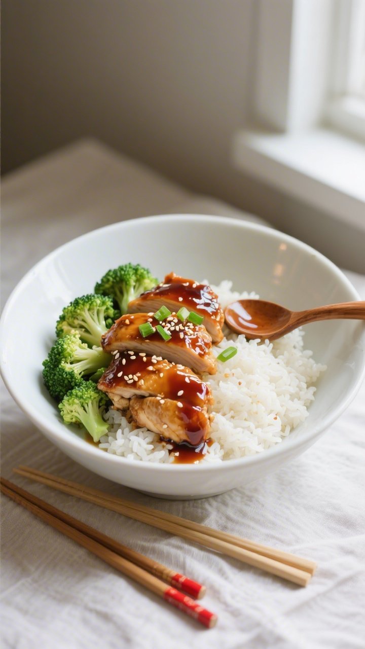 Final dish presentation: Teriyaki Chicken and Broccoli Bowl neatly arranged over fluffy jasmine rice