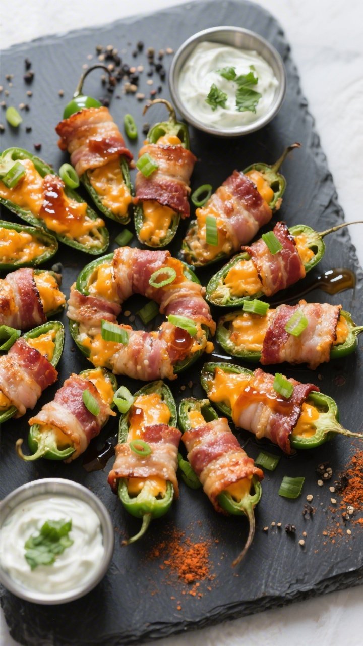 Final dish presentation, top-down: A platter of baked bacon-wrapped jalapeño poppers arranged in a
