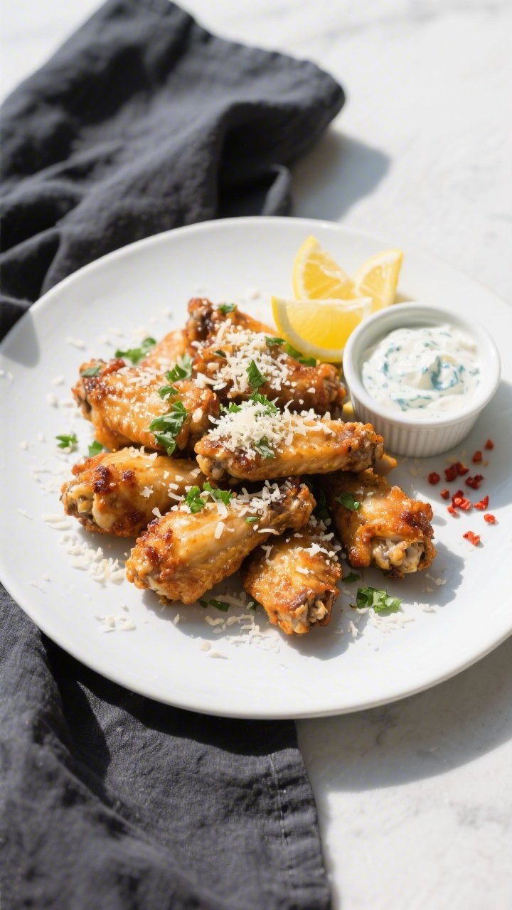 Final dish presentation, top view: Overhead shot of Garlic Parmesan Keto Chicken Wings arranged in a