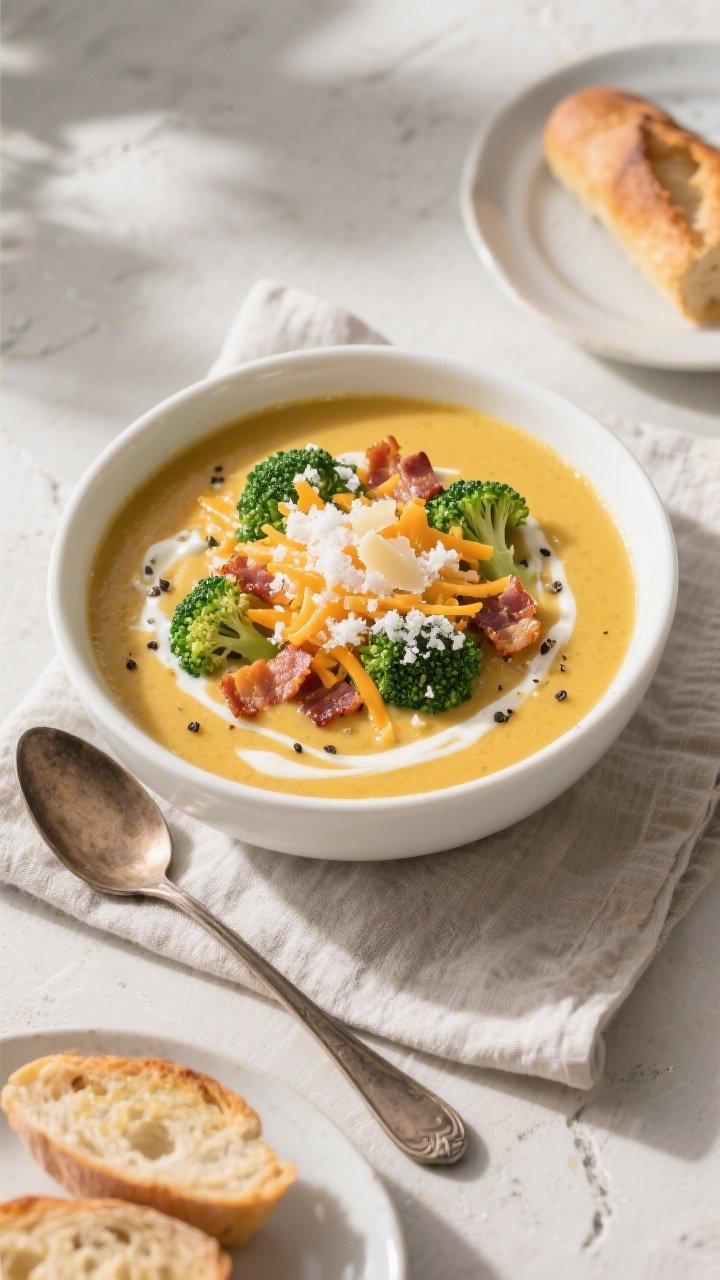 Final dish top view: Overhead shot of a bowl of Cheesy Broccoli Bacon Soup, topped with a snowfall o