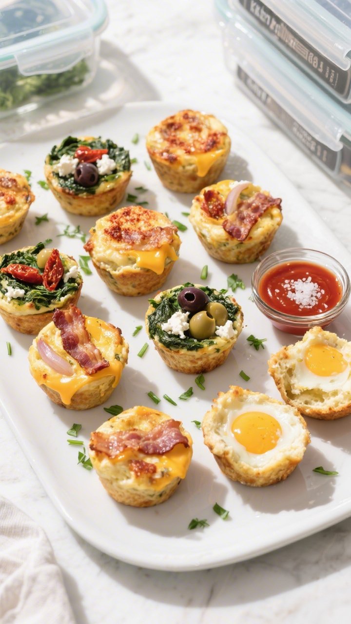 Final dish top view: Overhead shot of a meal-prep spread—six keto egg muffins (bacon-cheddar-onion