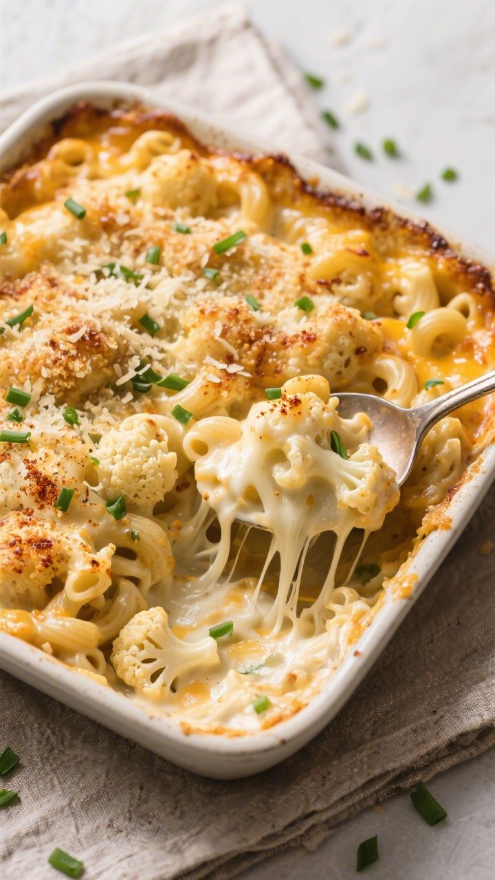 Final dish top view: Overhead shot of Keto Cauliflower Mac & Cheese in a rustic 8x8 baking dish, bub