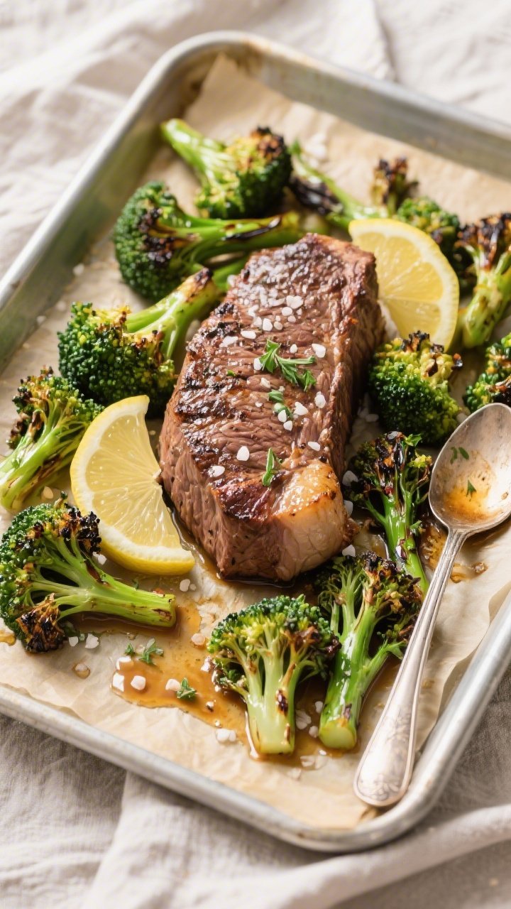 Final dish top view: Tasty top-down sheet pan scene post-roast—juicy tenderloin resting in the cen