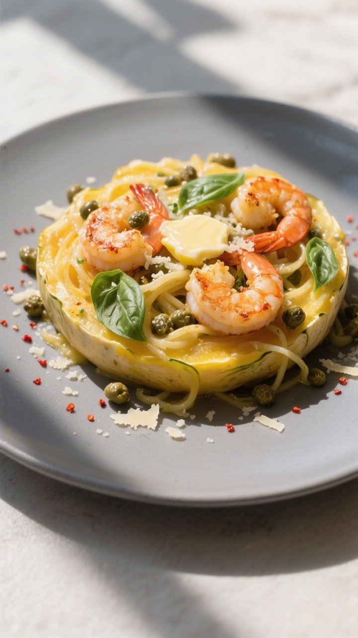 Final dish with variation: Beautifully plated Lemon Garlic Shrimp Spaghetti Squash on a wide, matte