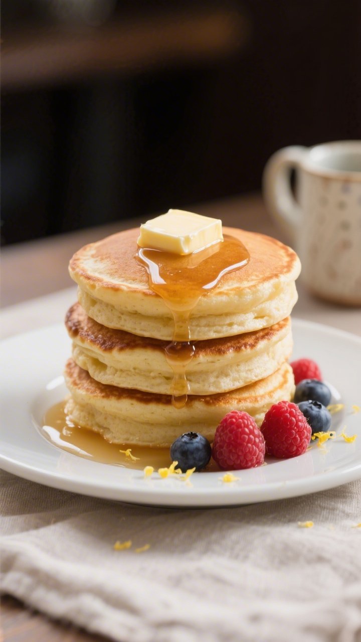 Final plated beauty: A tall stack of fluffy keto pancakes on a matte white plate, a pat of butter me