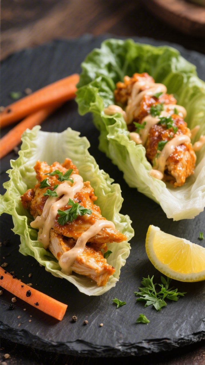 Final plated beauty: Restaurant-quality close-up of two romaine-heart lettuce wraps on a charcoal sl