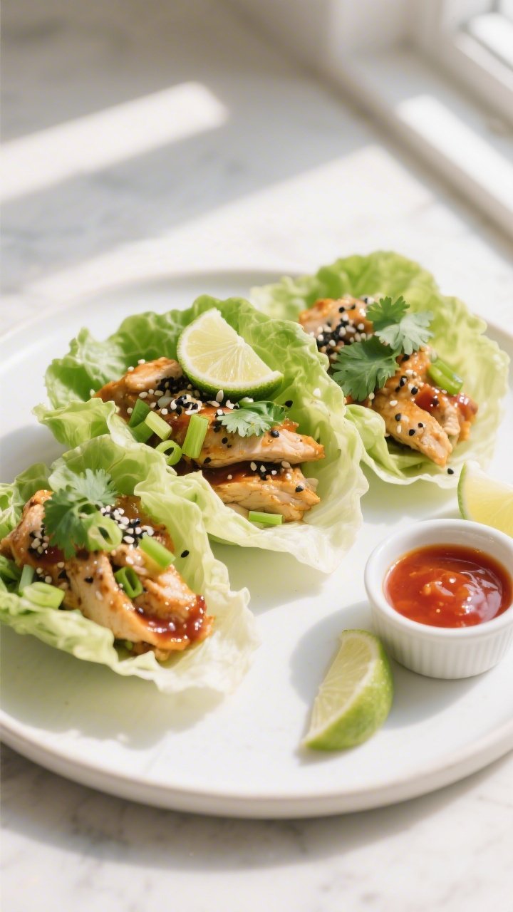 Final plated beauty shot: Keto Chicken Lettuce Wraps assembled in crisp butter lettuce cups on a mat