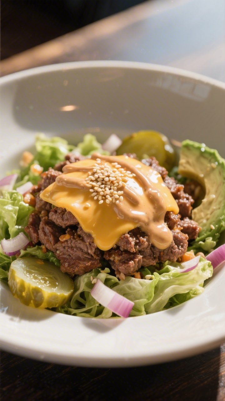 Final plated beauty shot: Restaurant-quality presentation of the Low Carb Keto Big Mac Salad in a wi