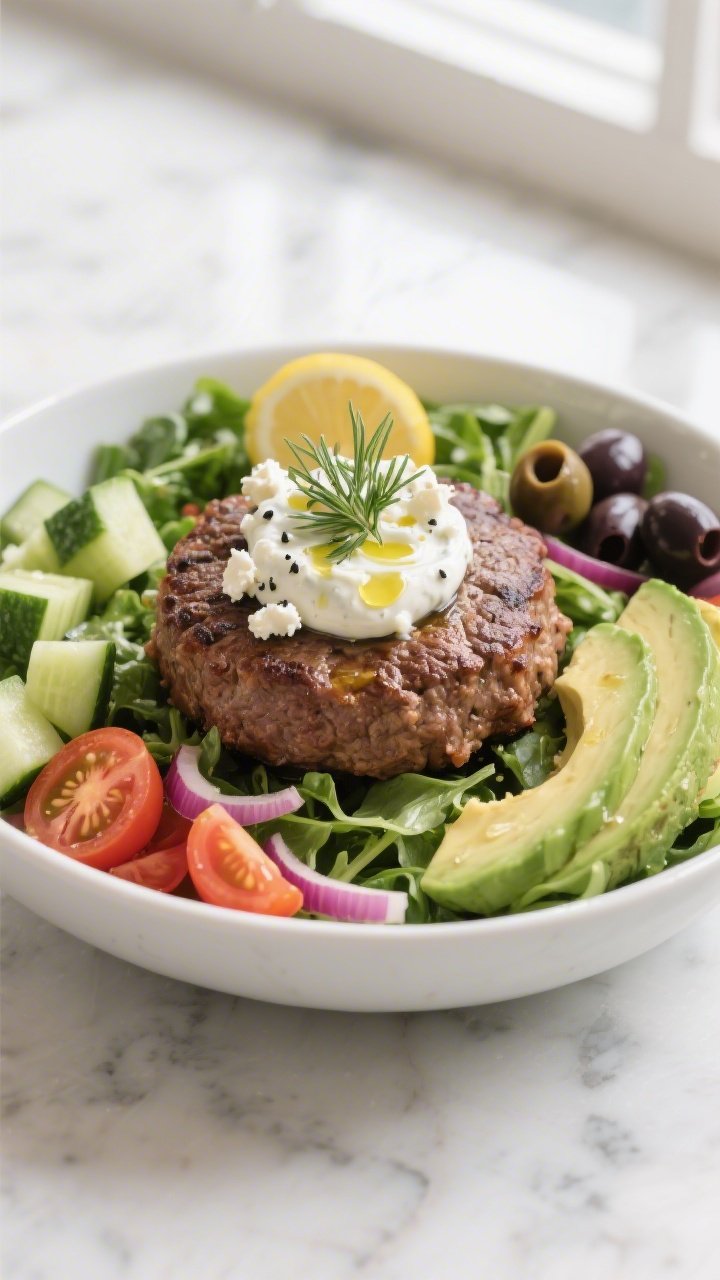 Final plated bowl beauty shot: Keto Greek Style Hamburger Bowl artfully assembled in a wide, shallow