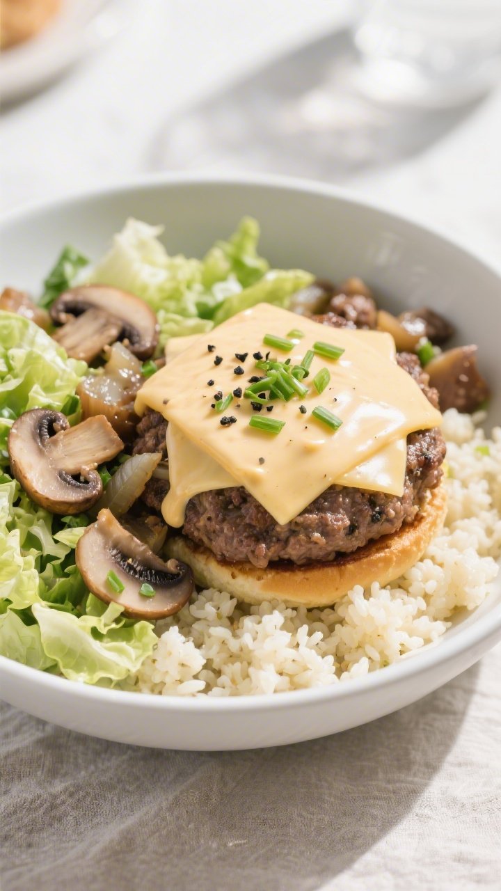Final plated bowl: Keto Mushroom Swiss Burger Bowl assembled over a mix of crunchy chopped romaine a